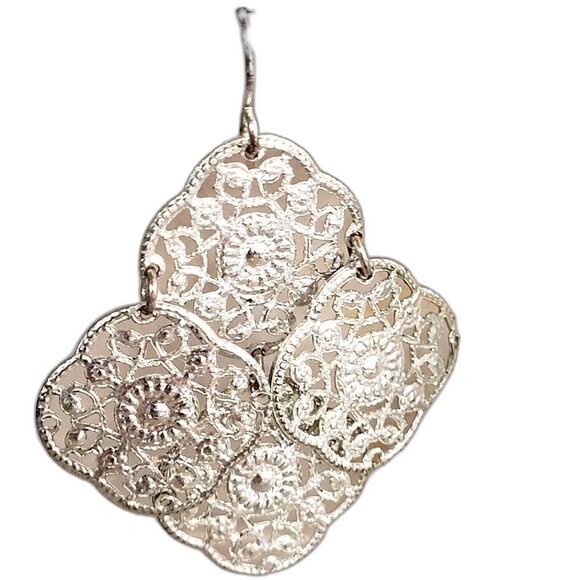 Silver Lace Pendant Pierced Earrings 4 Pendants Shiny Vintage Style 1.5 in drop - Picture 3 of 8